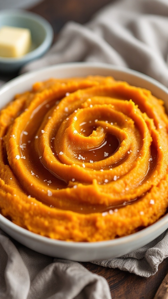 A bowl of creamy mashed sweet potatoes topped with a pat of butter and sprinkled with salt.