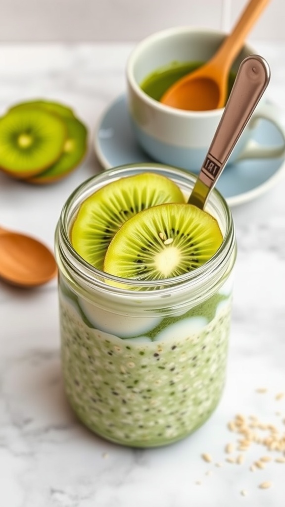 A jar of Matcha Green Tea Overnight Oats topped with kiwi slices, with a spoon beside it.