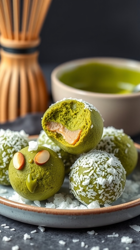 Healthy matcha green tea protein balls on a plate with coconut flakes