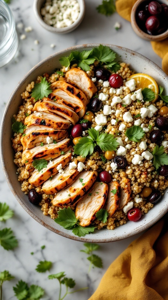 A colorful Mediterranean chicken bowl with quinoa, feta, and fresh herbs.