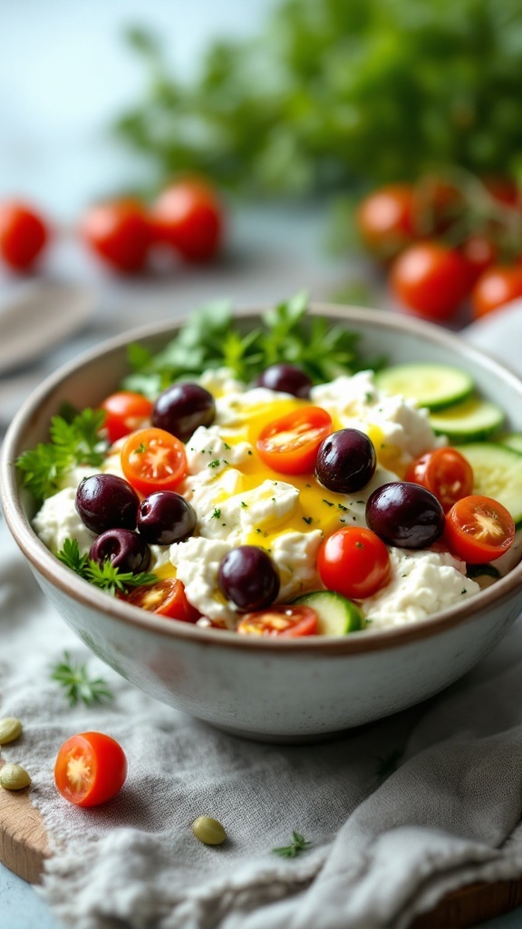 A Mediterranean cottage cheese bowl with fresh vegetables and olives