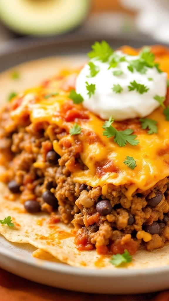 A delicious serving of Mexican lasagna topped with fresh tomatoes and cilantro.
