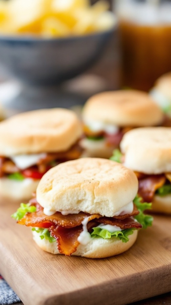 Mini BLT sliders on a wooden cutting board with lettuce and tomato.
