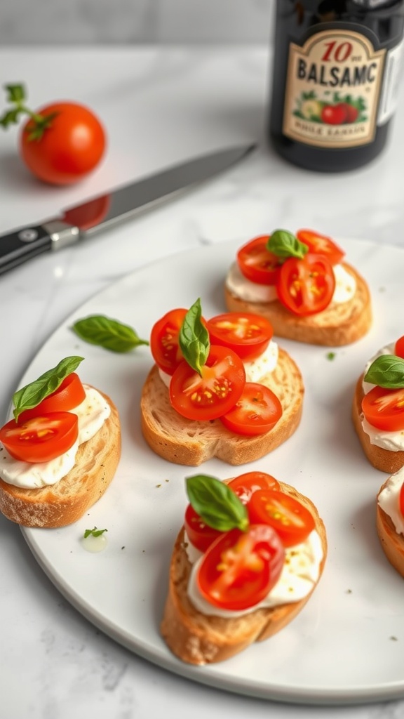Mini Caprese toasts topped with tomatoes and basil on a plate.