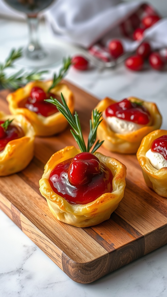 Mini Cranberry Brie Bites on a wooden board