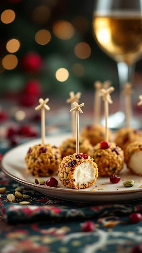 Mini cheese balls coated with pistachios and cranberries on a plate