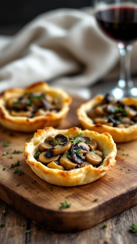 Mini mushroom and thyme tartlets on a wooden platter