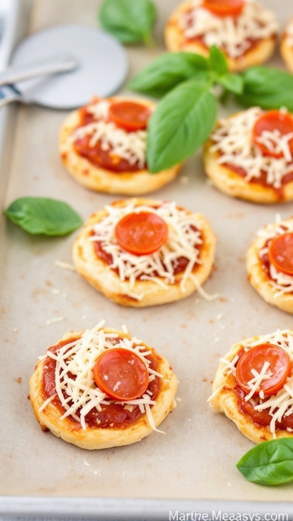 Mini puff pastry pizzas topped with pizza sauce, mozzarella cheese, and pepperoni.