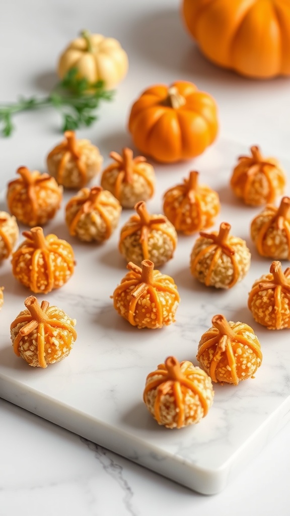 Delicious mini pumpkin cheese balls shaped like pumpkins, perfect for Thanksgiving appetizers.