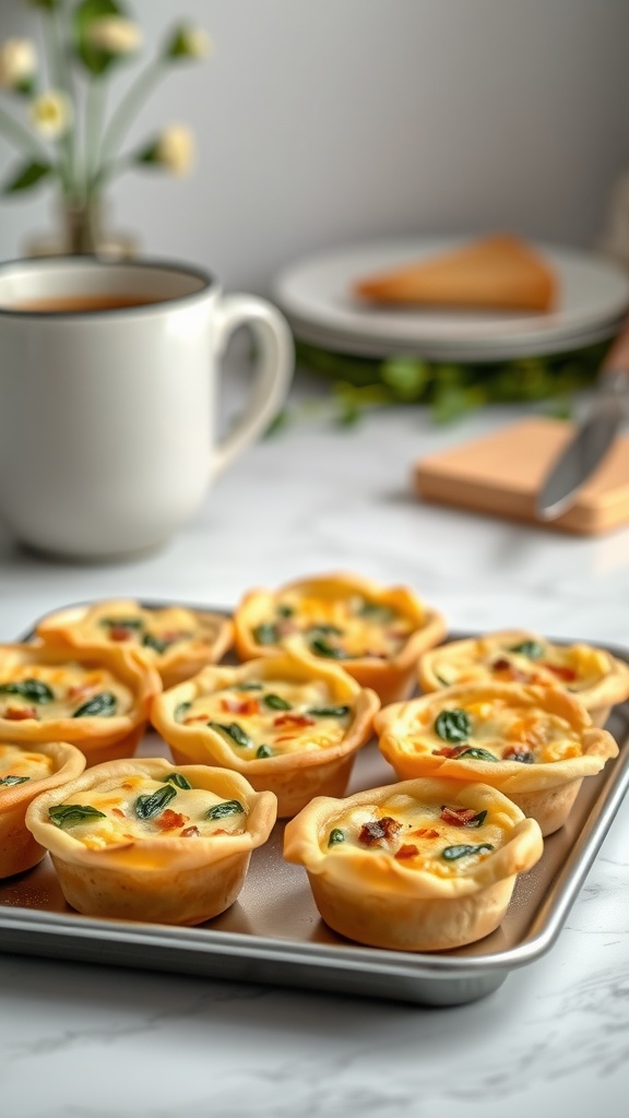Mini quiche bites freshly baked in a muffin tray.