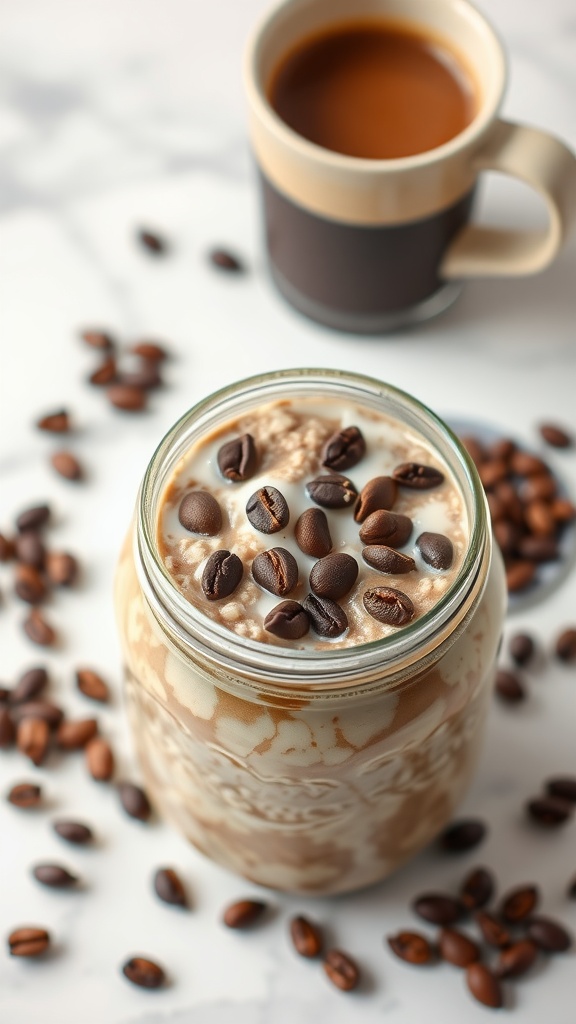 A jar of mocha coffee overnight oats topped with coffee beans, surrounded by coffee beans and a cup of coffee.