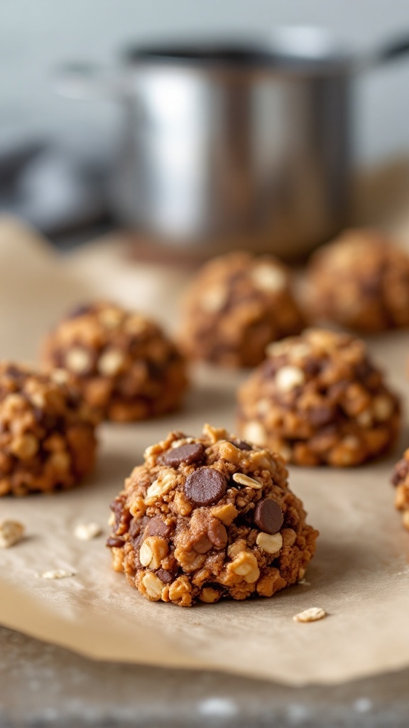 No-bake chocolate peanut butter oat cookies arranged on a marble surface