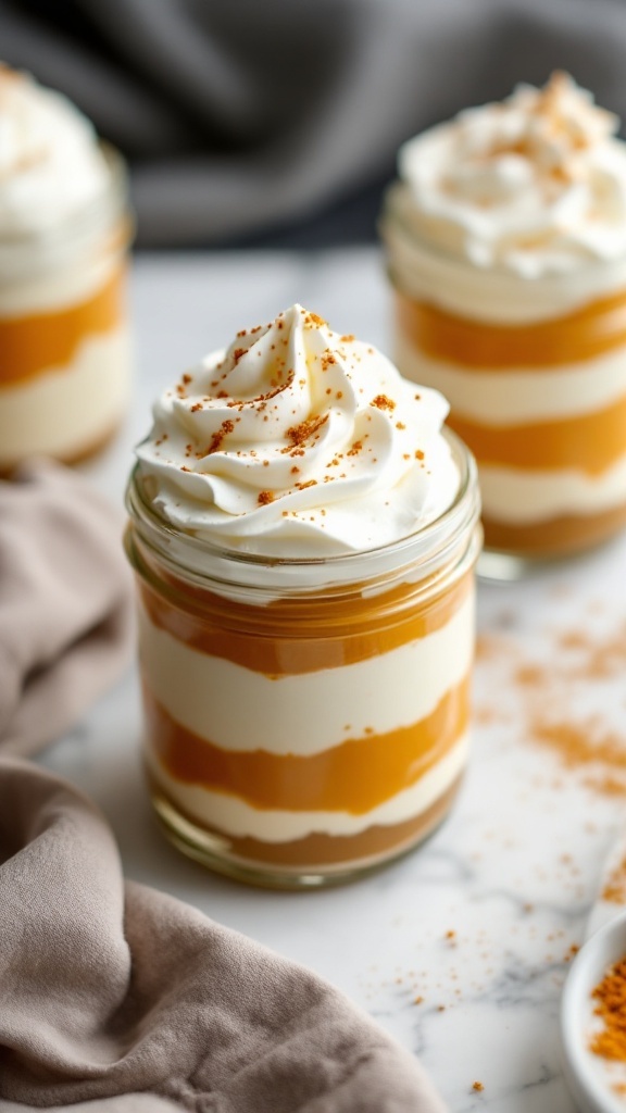 No-Bake Pumpkin Pie Parfaits in jars with whipped topping and pumpkin layers