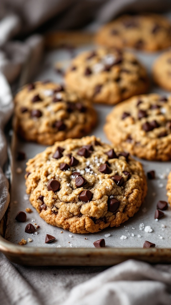 A batch of oatmeal chocolate chip cookies with sea salt sprinkled on top.