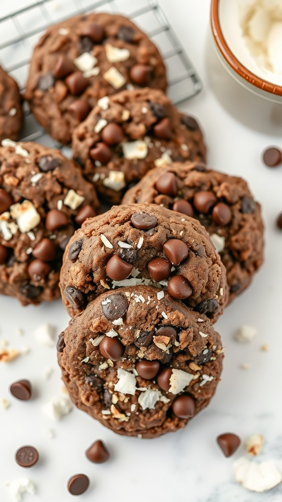 Delicious oatmeal chocolate coconut cookies stacked on a cooling rack.