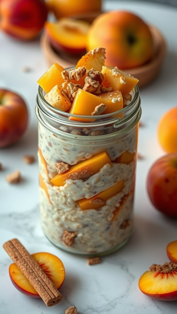 A jar of peach cobbler overnight oats topped with fresh peach chunks and granola