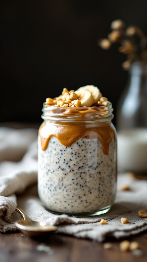 A jar of peanut butter banana overnight oats with banana slices and peanut butter on top.