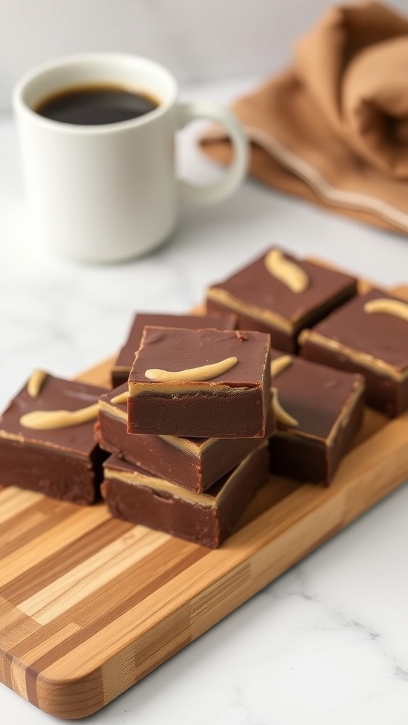 Delicious peanut butter chocolate fudge squares on a wooden cutting board.