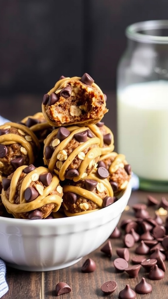 Peanut butter chocolate protein balls stacked with chocolate chips