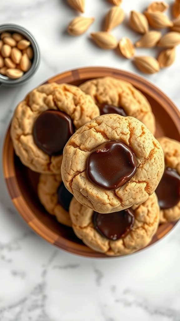 A plate of freshly baked peanut butter chocolate thumbprint cookies topped with melted chocolate.
