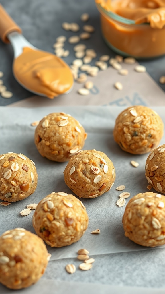 Peanut butter protein balls arranged neatly on a surface.