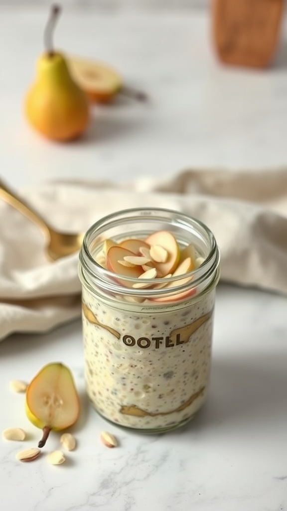A jar of pear and ginger overnight oats topped with sliced almonds.