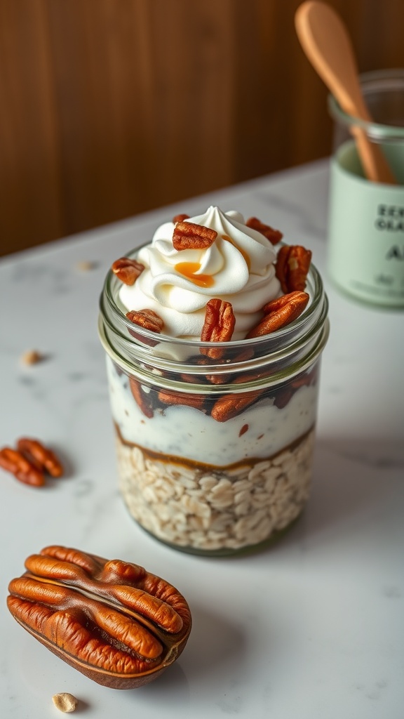 A jar of Pecan Pie Overnight Oats topped with pecans and whipped cream.