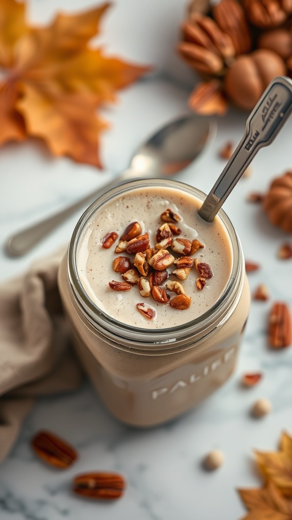 A delicious Pecan Pie Protein Smoothie with toppings.