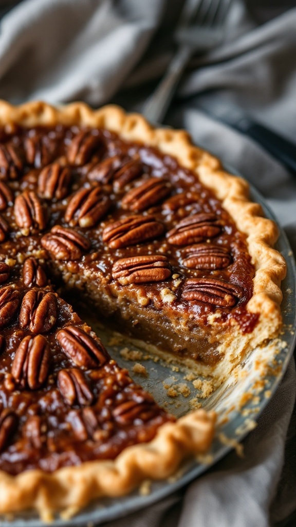 A delicious pecan pie topped with pecans and a golden crust.
