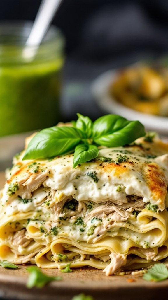 A serving of Pesto Chicken Lasagna on a plate, garnished with herbs.