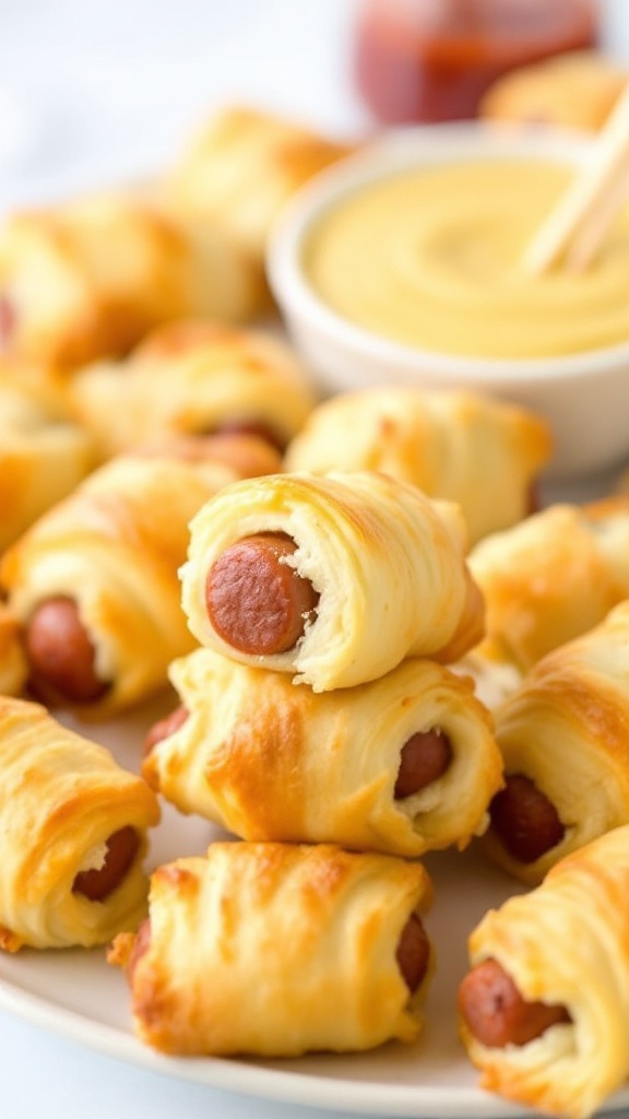 A plate of pigs in a blanket with a side of dipping sauce.