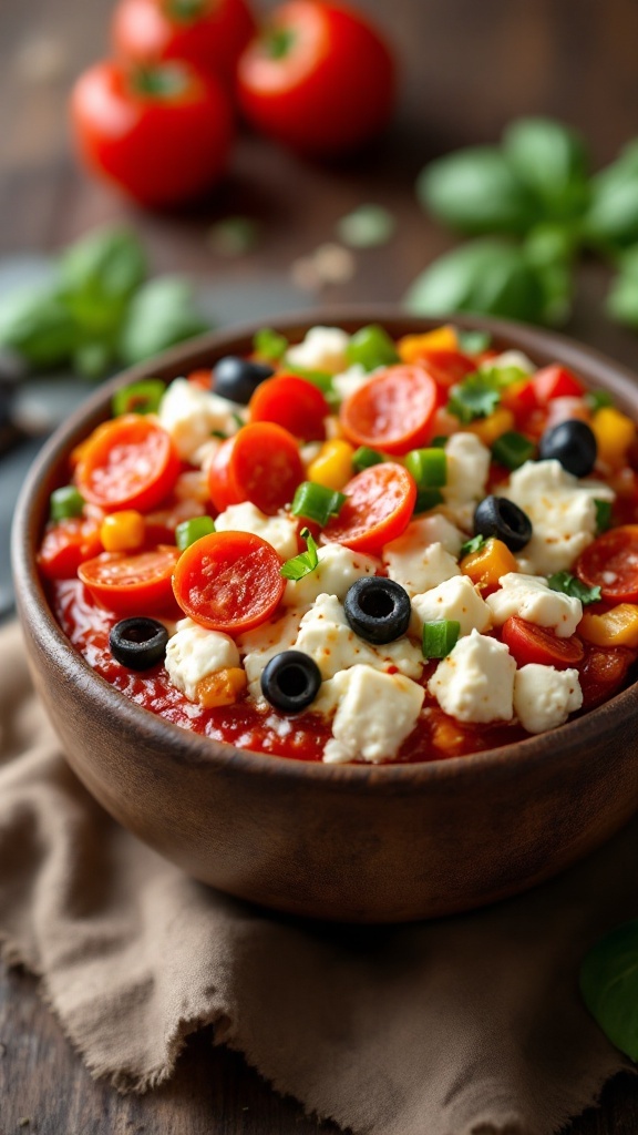 A delicious pizza-inspired bowl made with cottage cheese, cherry tomatoes, bell peppers, black olives, and pepperoni.