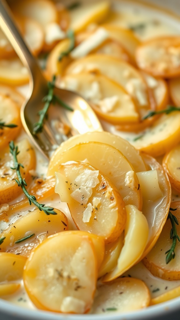 A creamy potato gratin with herbs and cheese, showcasing layers of thinly sliced potatoes.