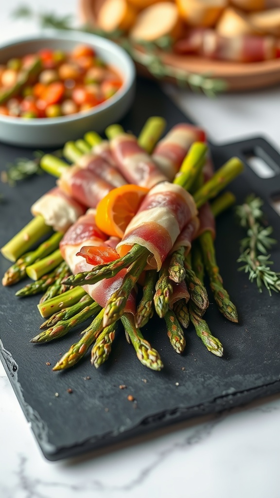 Prosciutto-wrapped asparagus on a slate serving board