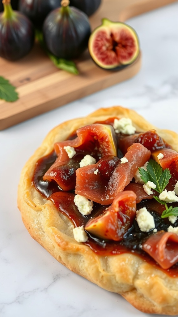 Prosciutto and fig puff pastry squares topped with goat cheese