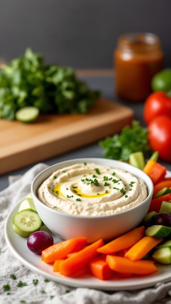 A plate of creamy hummus surrounded by colorful veggie sticks.