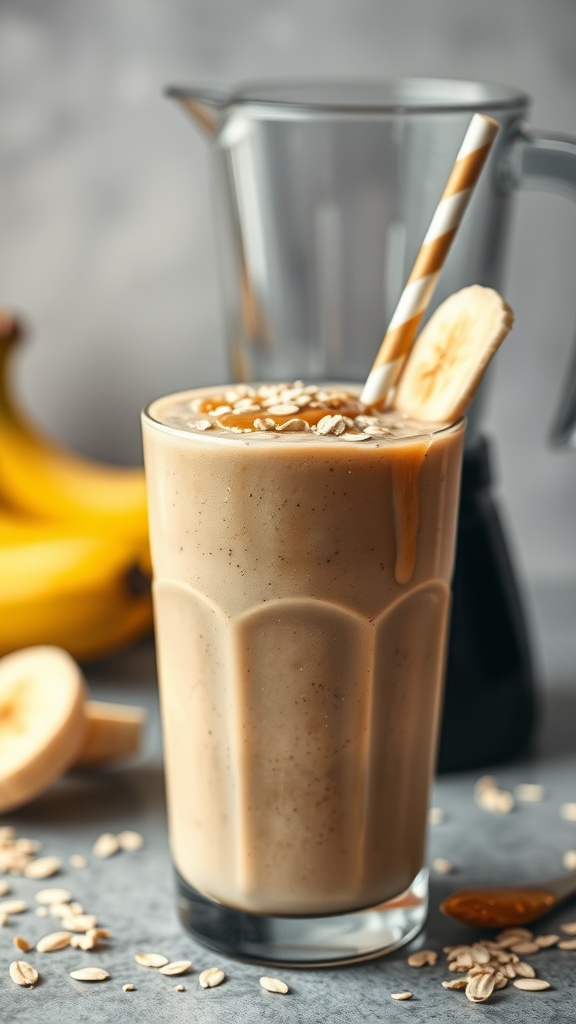 A tall glass of creamy protein smoothie with banana and peanut butter, garnished with a slice of banana and a straw.