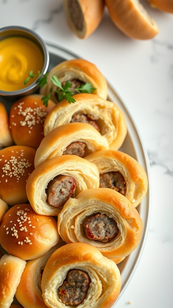 A plate of freshly baked puff pastry sausage rolls served with mustard.
