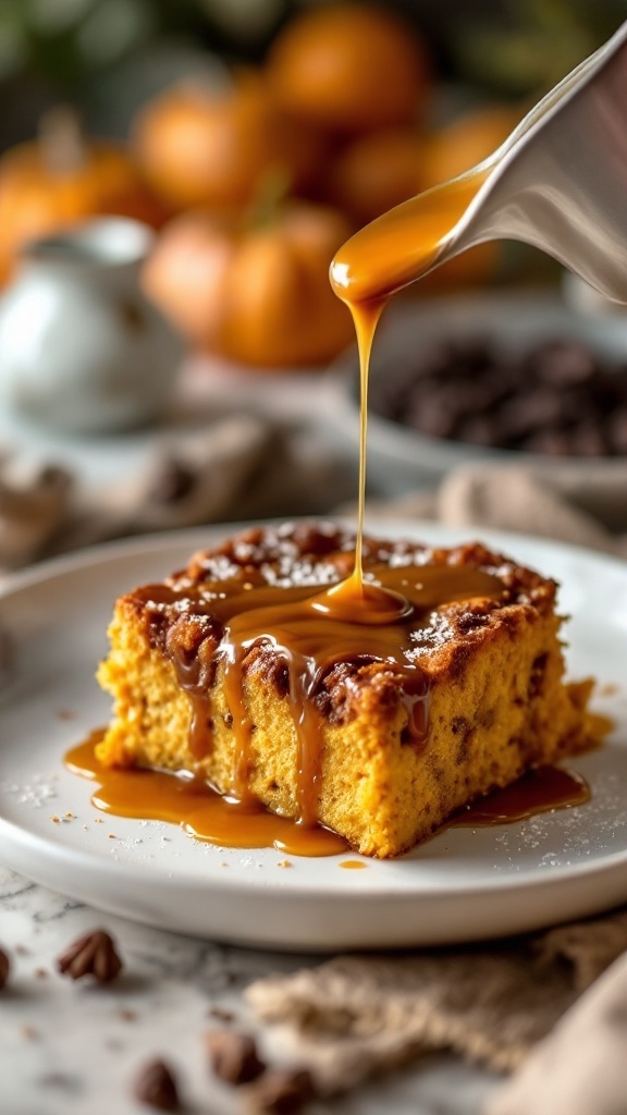 Delicious pumpkin bread pudding drizzled with caramel sauce