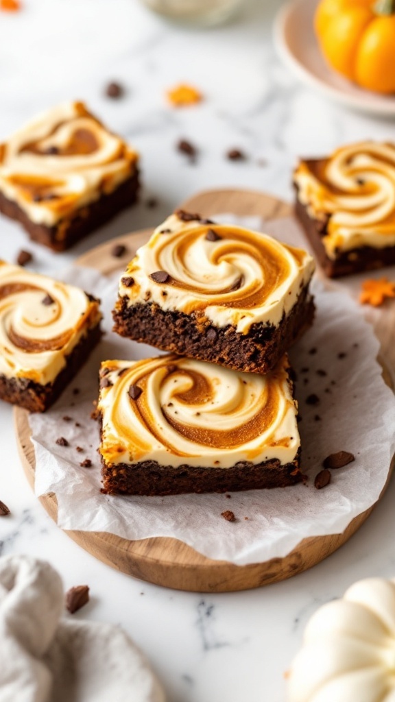 Delicious pumpkin brownies with cream cheese swirl on a wooden platter.