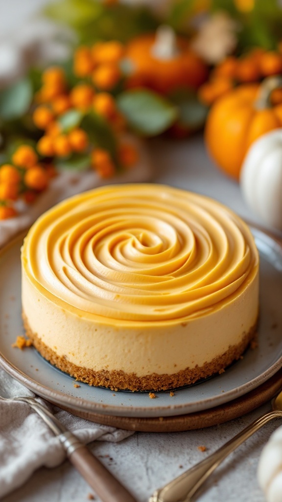 A creamy pumpkin cheesecake pie with a golden crust and decorative swirl on top, surrounded by autumn leaves and seasonal decorations.