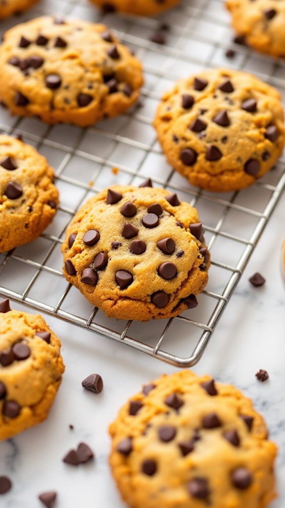 Delicious pumpkin chocolate chip cookies on a cooling rack