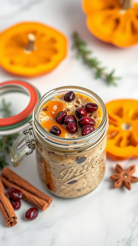 A jar of pumpkin cranberry overnight oats with cranberries on top and slices of pumpkin beside it.