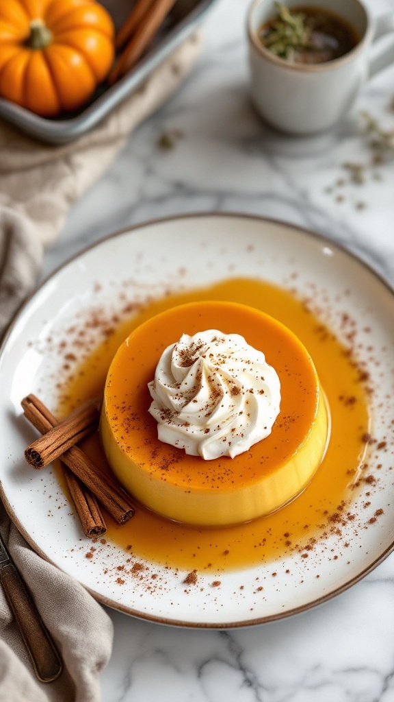 Deliciously plated pumpkin flan with cinnamon whipped cream and cinnamon sticks.