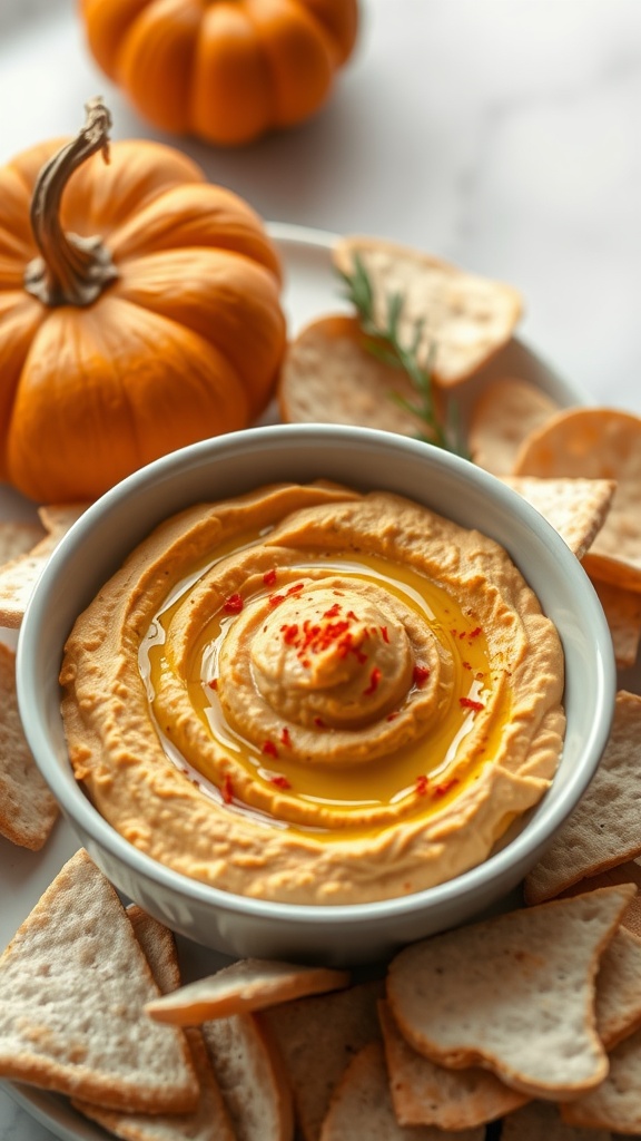 Pumpkin hummus served with pita chips on a platter.