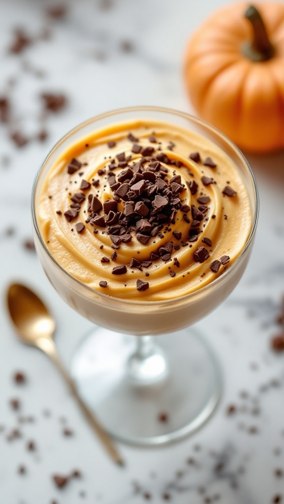 Delicious pumpkin mousse topped with chocolate shavings