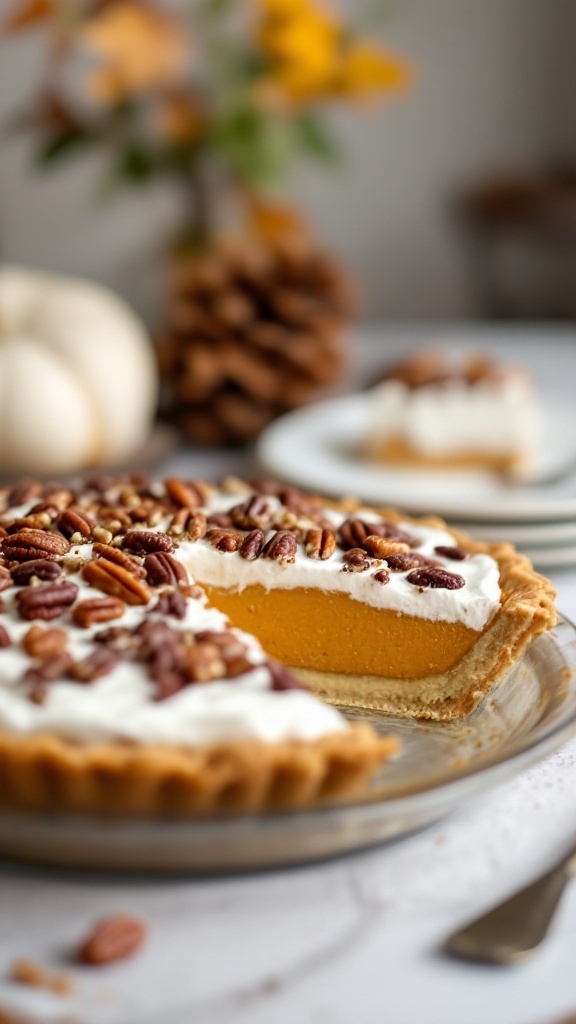 A pumpkin pecan pie with a slice removed, showcasing the creamy filling and topped with pecans.