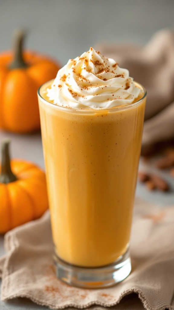 A delicious pumpkin pie smoothie topped with whipped cream and cinnamon, surrounded by pumpkins and autumn leaves.