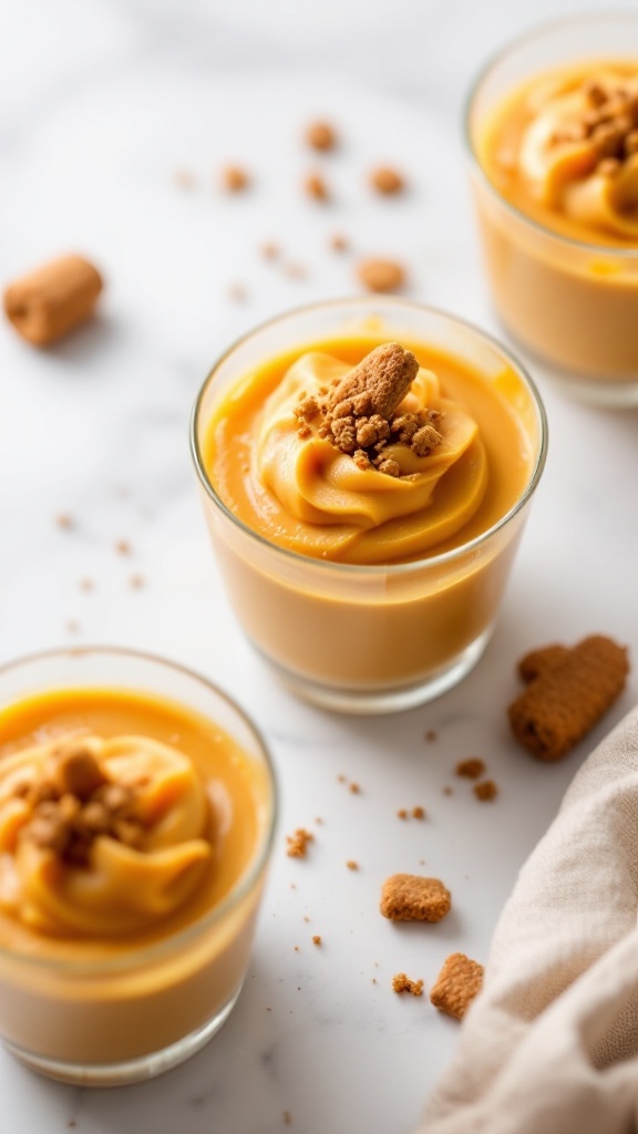 Pumpkin pudding cups with gingersnap crust topped with whipped cream and crumbs.