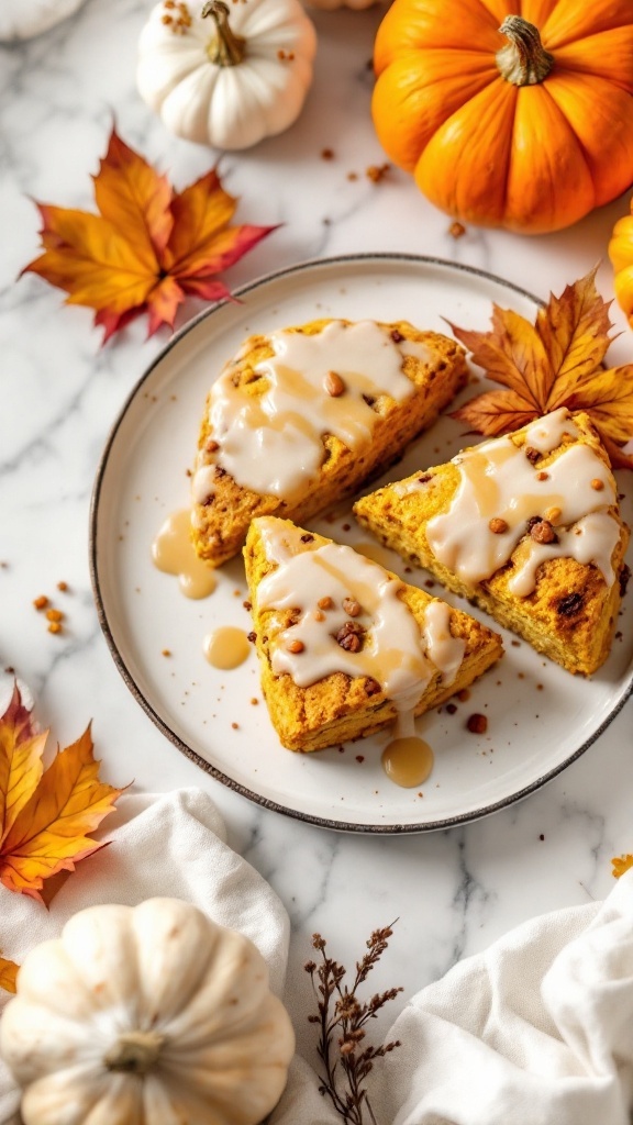 A plate of pumpkin scones drizzled with maple glaze, surrounded by autumn leaves and pumpkins.